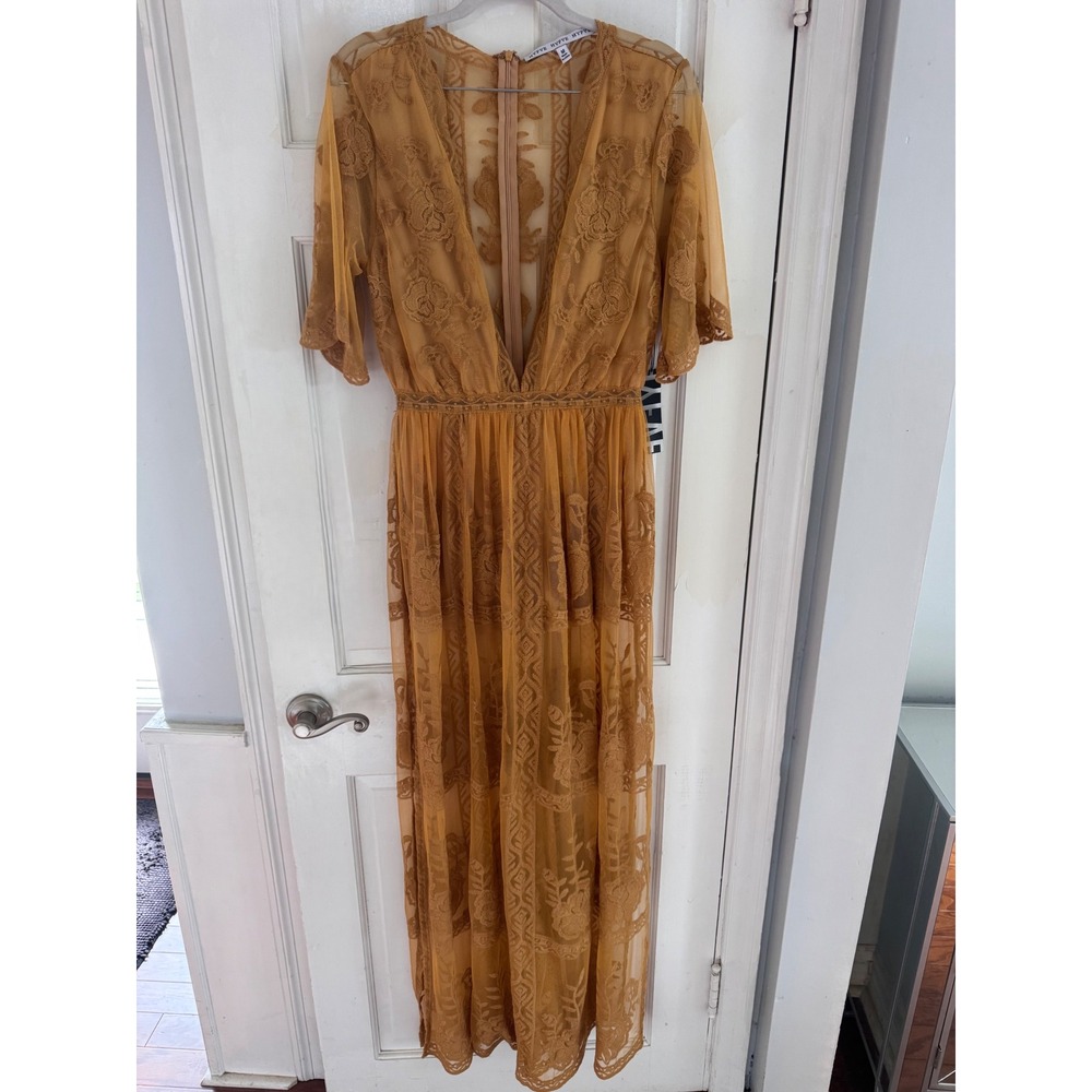 HYFVE Mustard Yellow Floral Lace Mesh Maxi Dress Deep V-Neck Boho Sz M